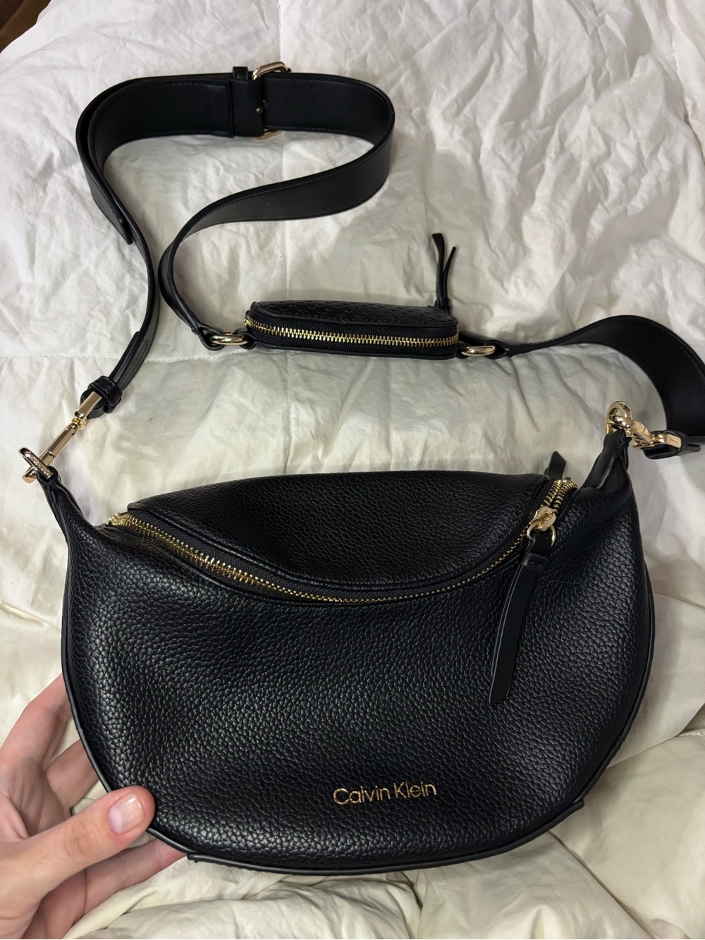Calvin Klein Black Pebbled Leather Crescent Crossbody with Gold Hardware